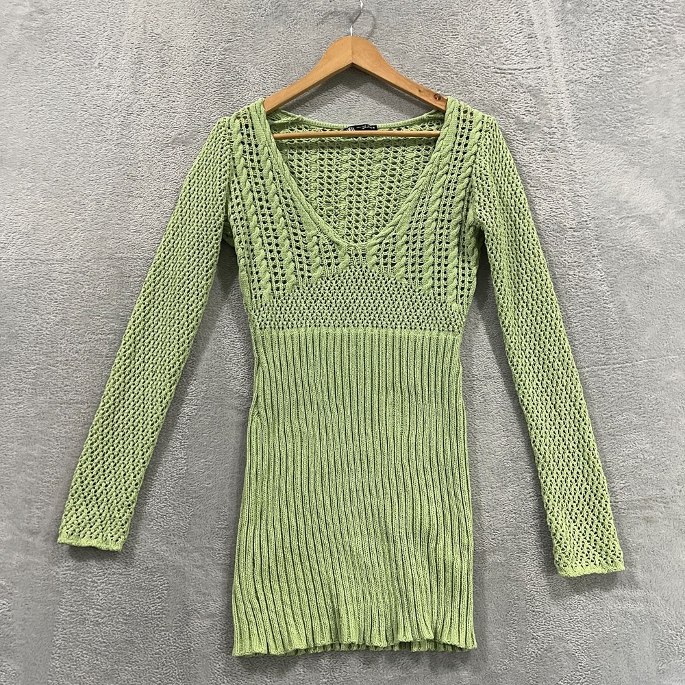 Zara Mini Sweater Dress Womens Small Green Open Knit Boho Hippie V-Neck Pullover